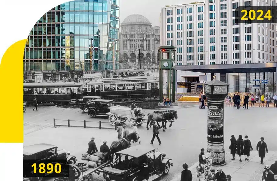 Fotomontage von Berlin im Jahre 1890 und 2024
